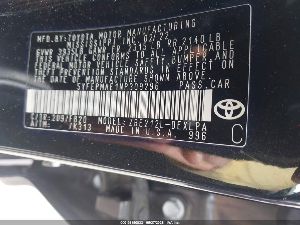 5YFEPMAE1NP309296 2022 TOYOTA COROLLA photo no. 9
