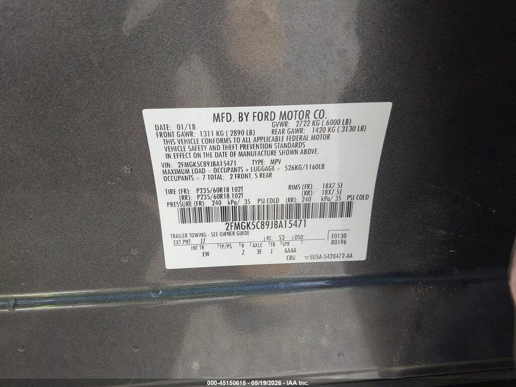 2FMGK5C89JBA15471 2018 FORD FLEX photo no. 9