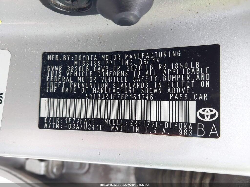 5YFBURHE7EP161346 2014 TOYOTA COROLLA photo no. 9
