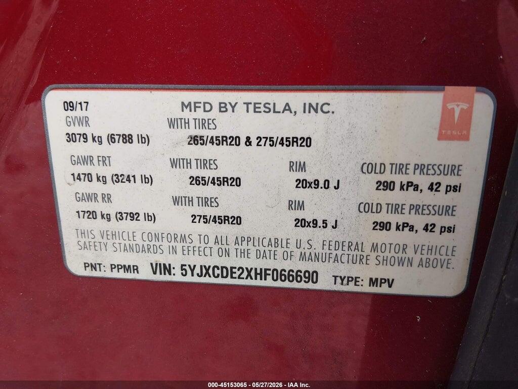5YJXCDE2XHF066690 2017 TESLA MODEL X photo no. 9