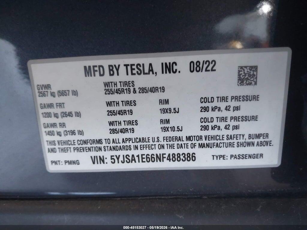 5YJSA1E66NF488386 2022 TESLA MODEL S photo no. 9