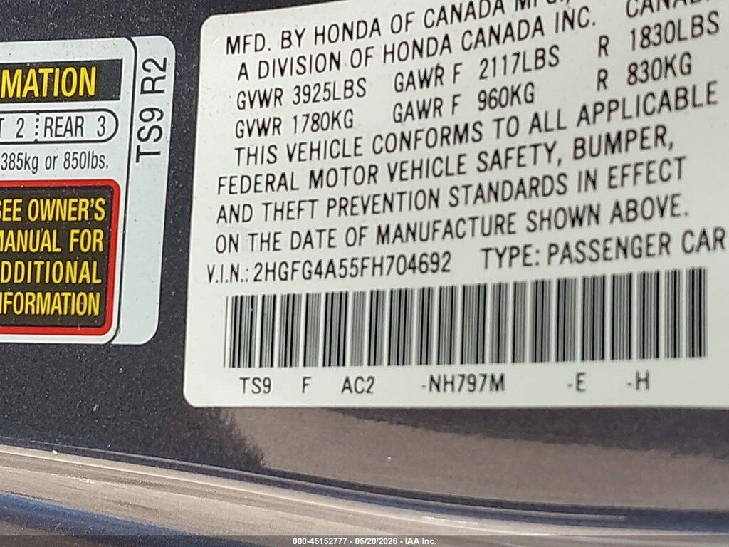 2HGFG4A55FH704692 2015 HONDA CIVIC photo no. 9