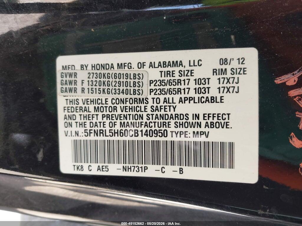 5FNRL5H60CB140950 2012 HONDA ODYSSEY photo no. 9