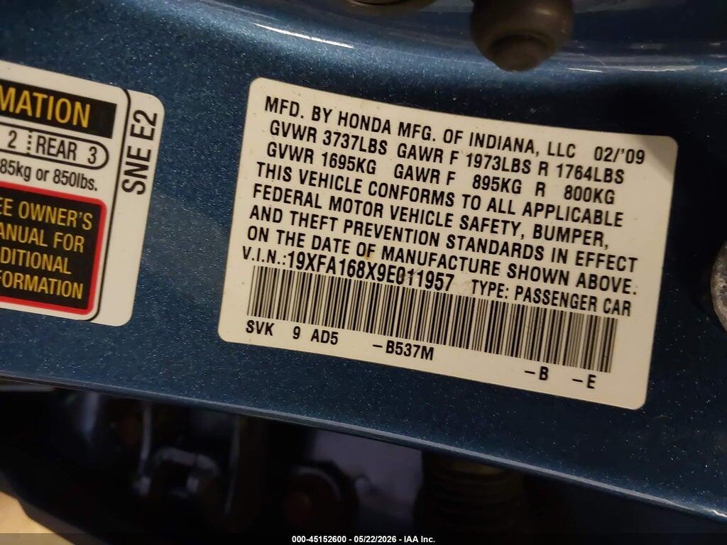 19XFA168X9E011957 2009 HONDA CIVIC photo no. 9