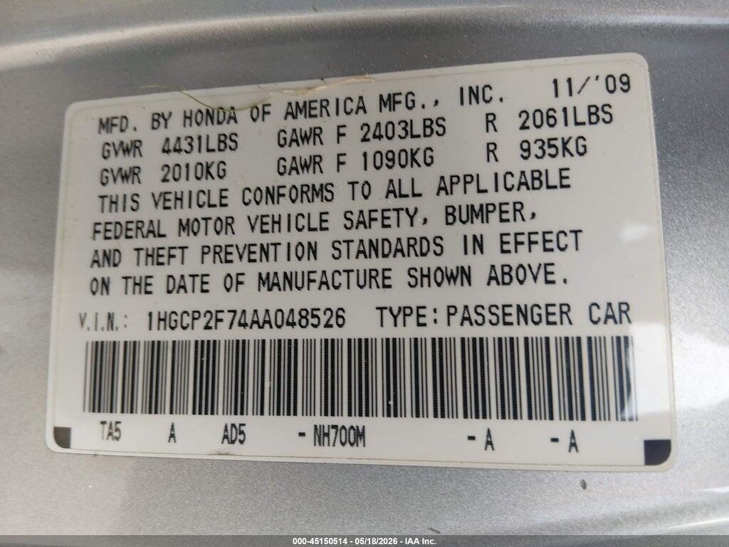 1HGCP2F74AA048526 2010 HONDA ACCORD photo no. 9