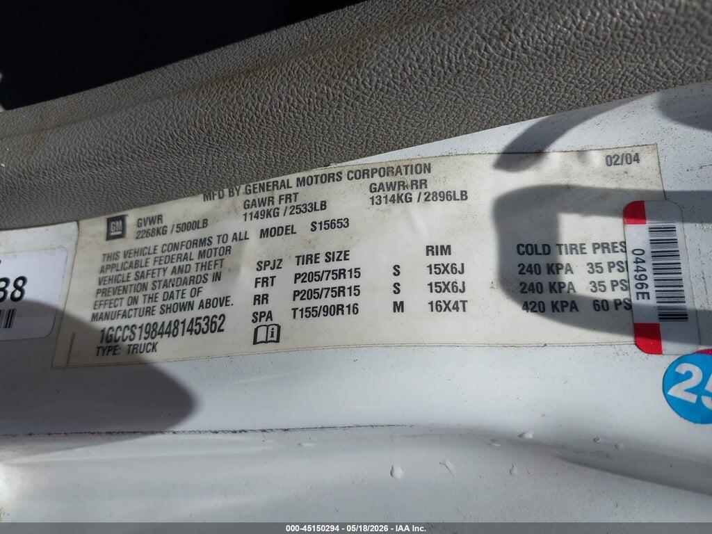 1GCCS198448145362 2004 CHEVROLET COLORADO photo no. 9