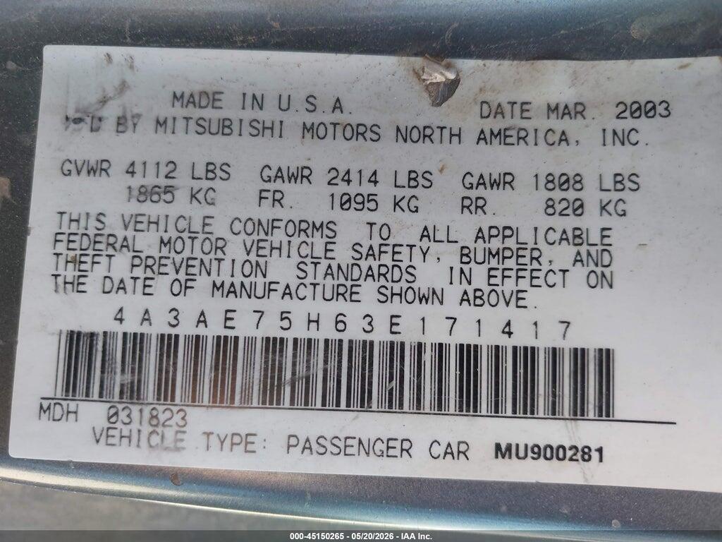4A3AE75H63E171417 2003 MITSUBISHI ECLIPSE SPYDER photo no. 9