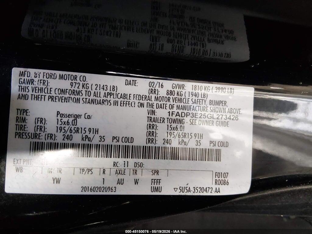 1FADP3E25GL273426 2016 FORD FOCUS photo no. 9