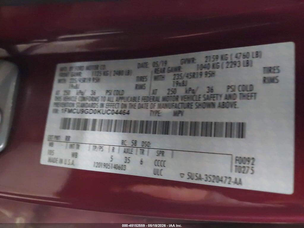 1FMCU9GD0KUC04464 2019 FORD ESCAPE photo no. 9