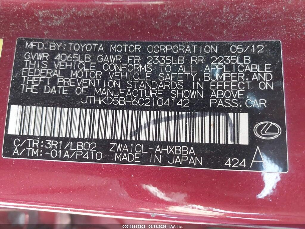 JTHKD5BH6C2104142 2012 LEXUS CT 200H photo no. 9