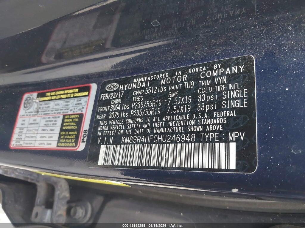KM8SR4HF0HU246948 2017 HYUNDAI SANTA FE photo no. 9