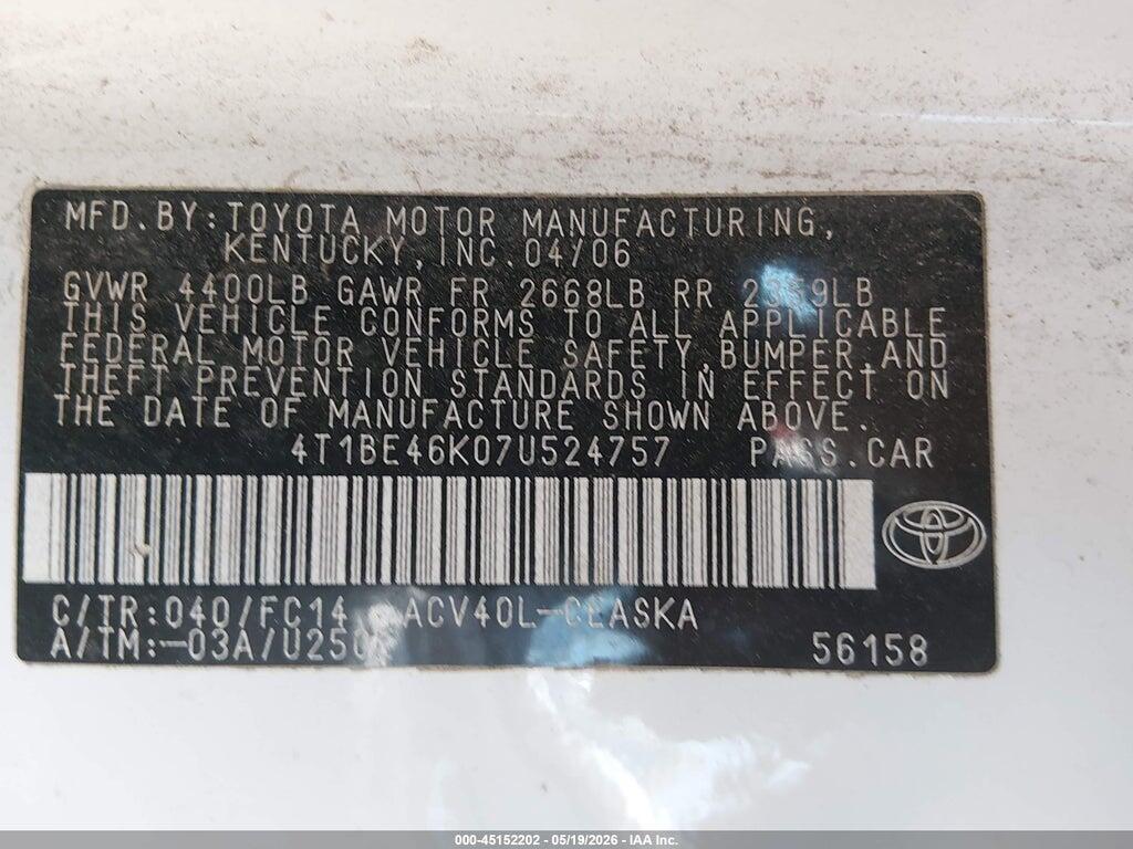 4T1BE46K07U524757 2007 TOYOTA CAMRY photo no. 9