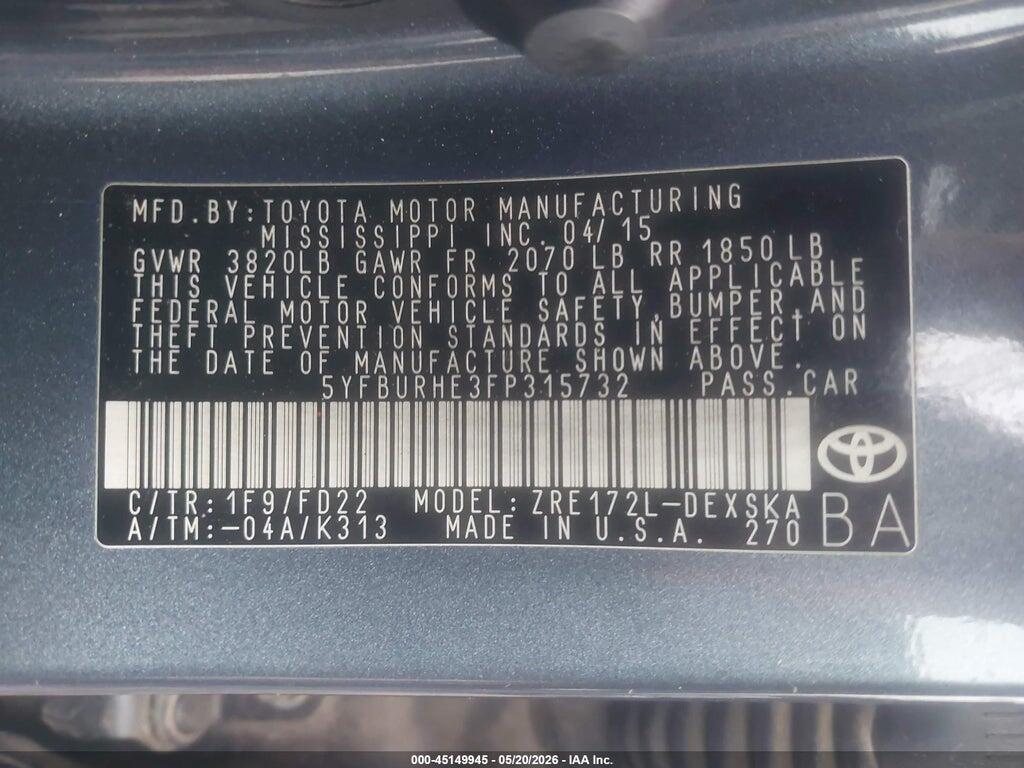 5YFBURHE3FP315732 2015 TOYOTA COROLLA photo no. 9