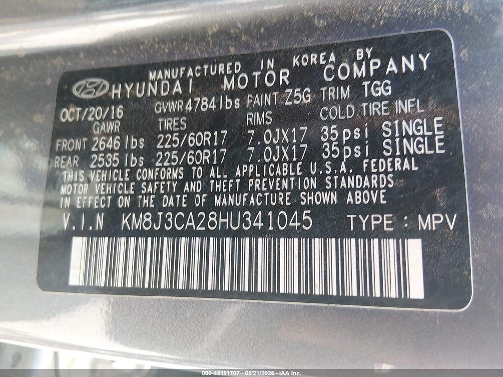 KM8J3CA28HU341045 2017 HYUNDAI TUCSON photo no. 9
