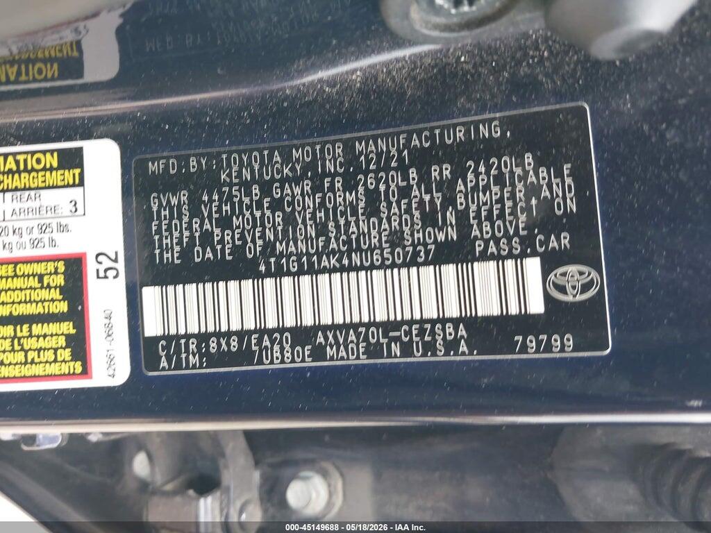 4T1G11AK4NU650737 2022 TOYOTA CAMRY photo no. 9