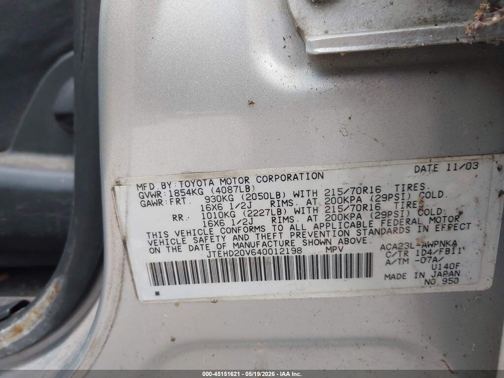 JTEHD20V640012198 2004 TOYOTA RAV4 photo no. 9
