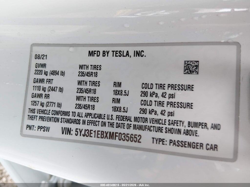 5YJ3E1EBXMF035652 2021 TESLA MODEL 3 photo no. 9