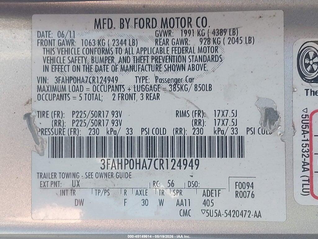 3FAHP0HA7CR124949 2012 FORD FUSION photo no. 9