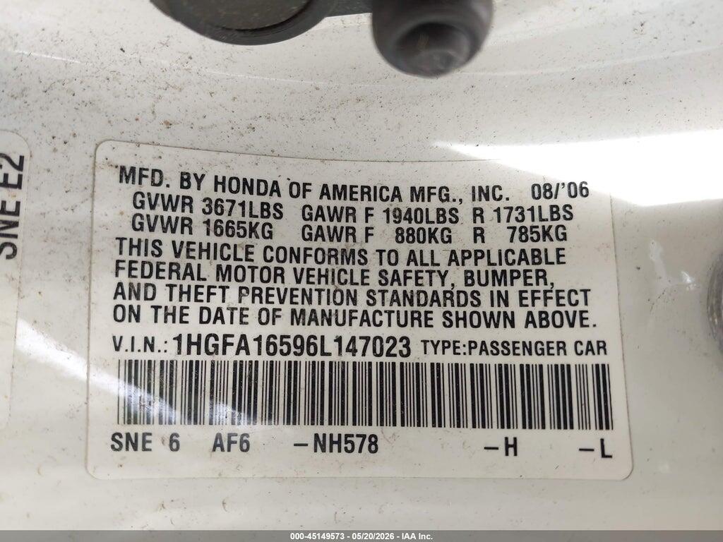 1HGFA16596L147023 2006 HONDA CIVIC photo no. 9