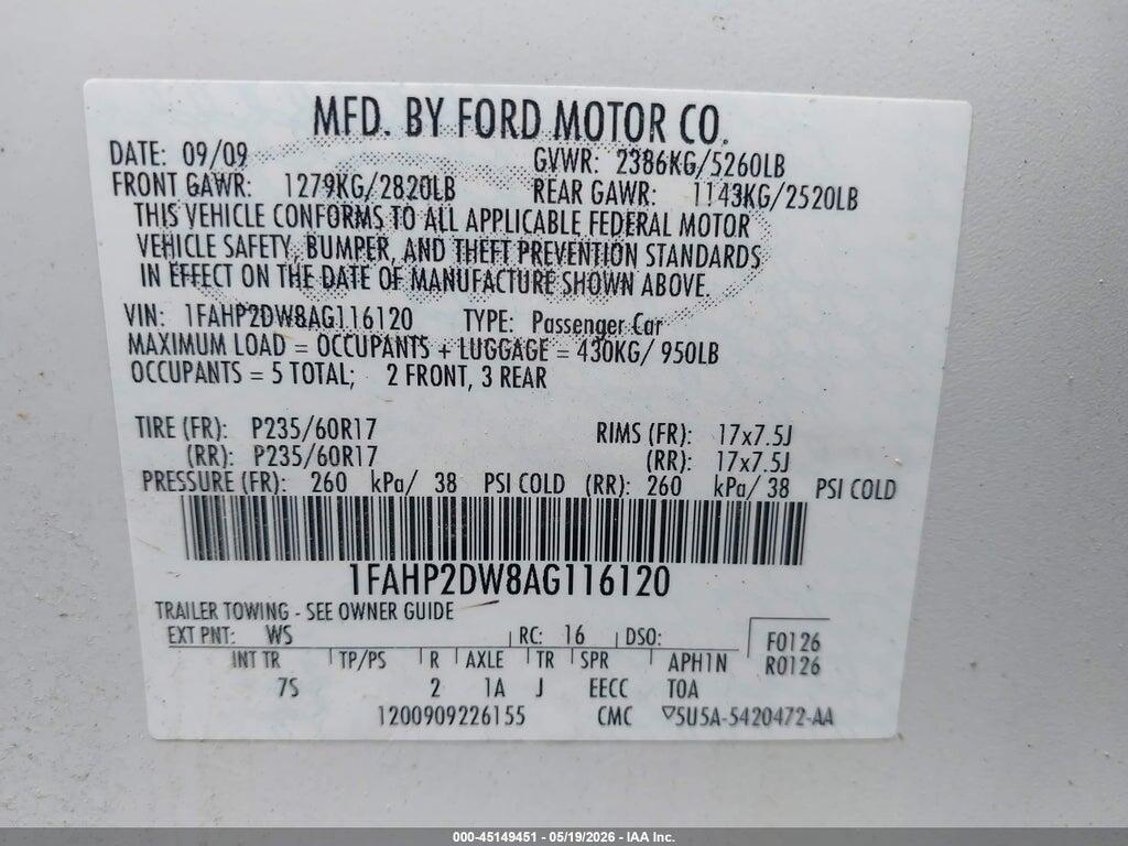 1FAHP2DW8AG116120 2010 FORD TAURUS photo no. 9