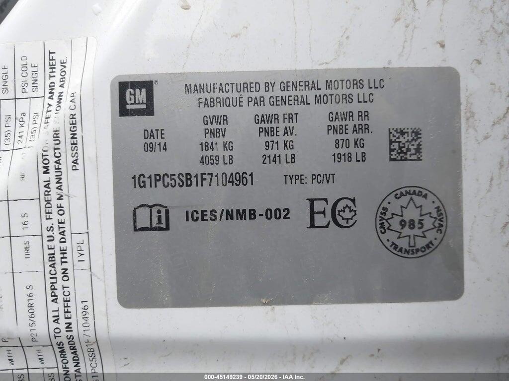 1G1PC5SB1F7104961 2015 CHEVROLET CRUZE photo no. 9