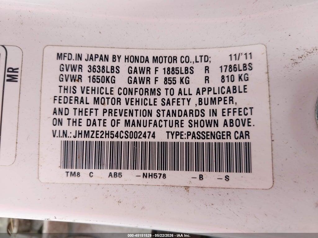 JHMZE2H54CS002474 2012 HONDA INSIGHT photo no. 9