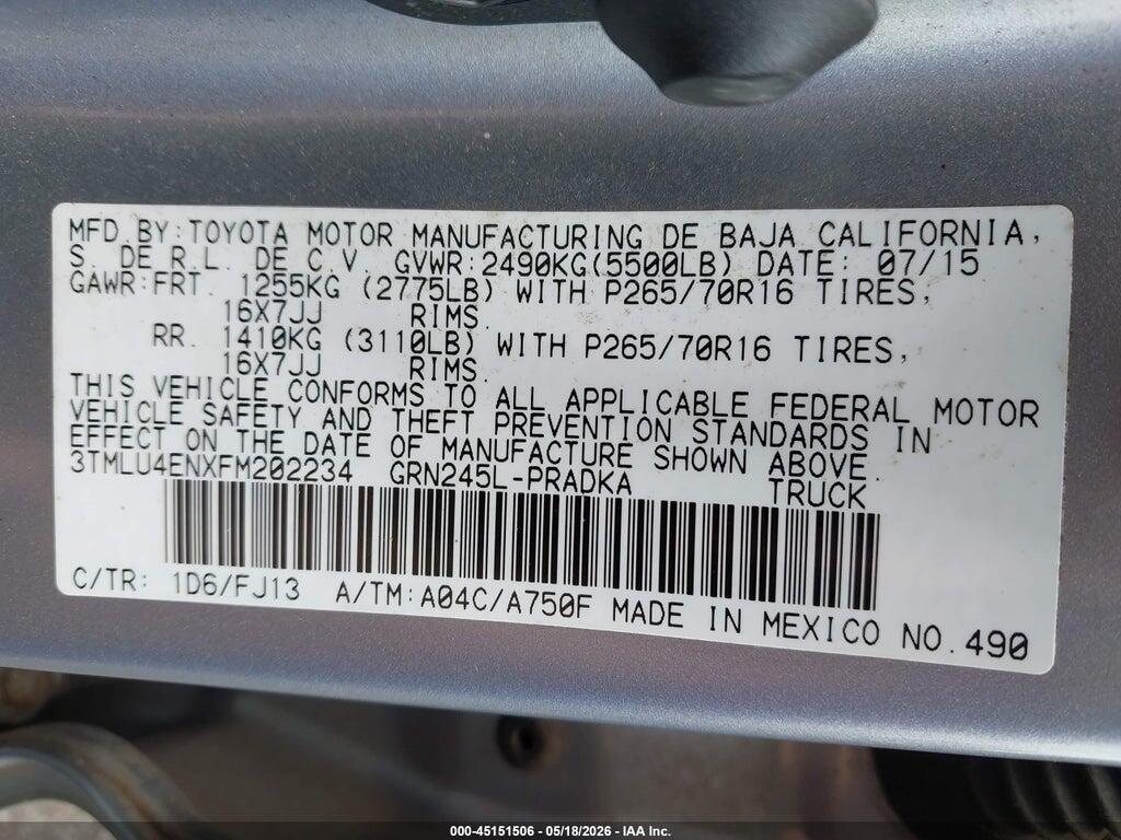 3TMLU4ENXFM202234 2015 TOYOTA TACOMA photo no. 9