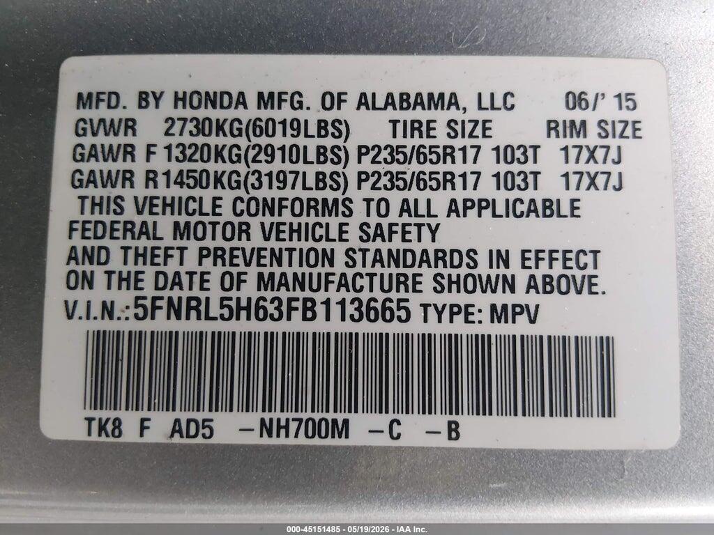5FNRL5H63FB113665 2015 HONDA ODYSSEY photo no. 9