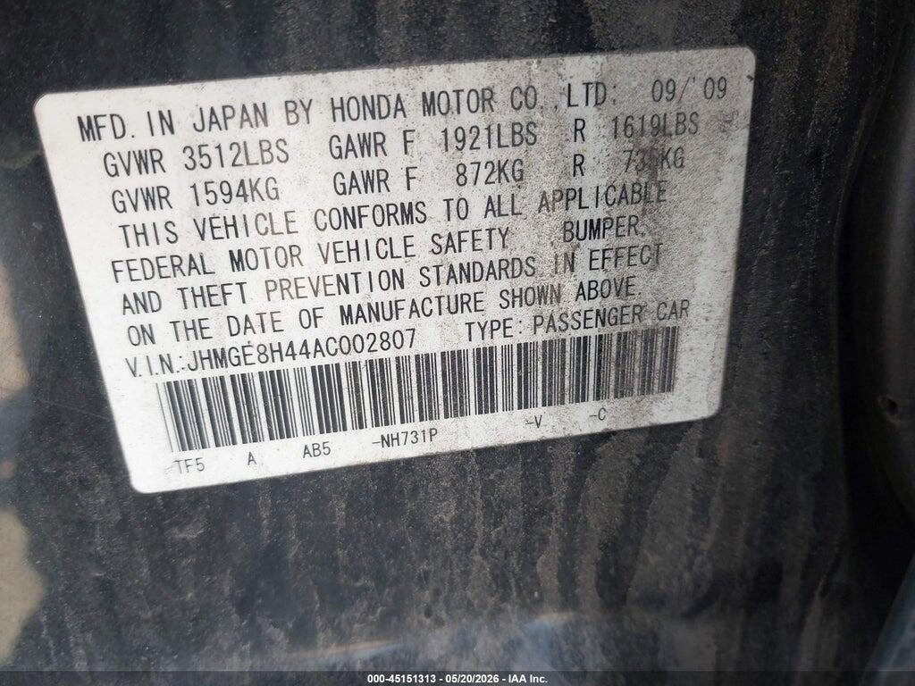 JHMGE8H44AC002807 2010 HONDA FIT photo no. 9