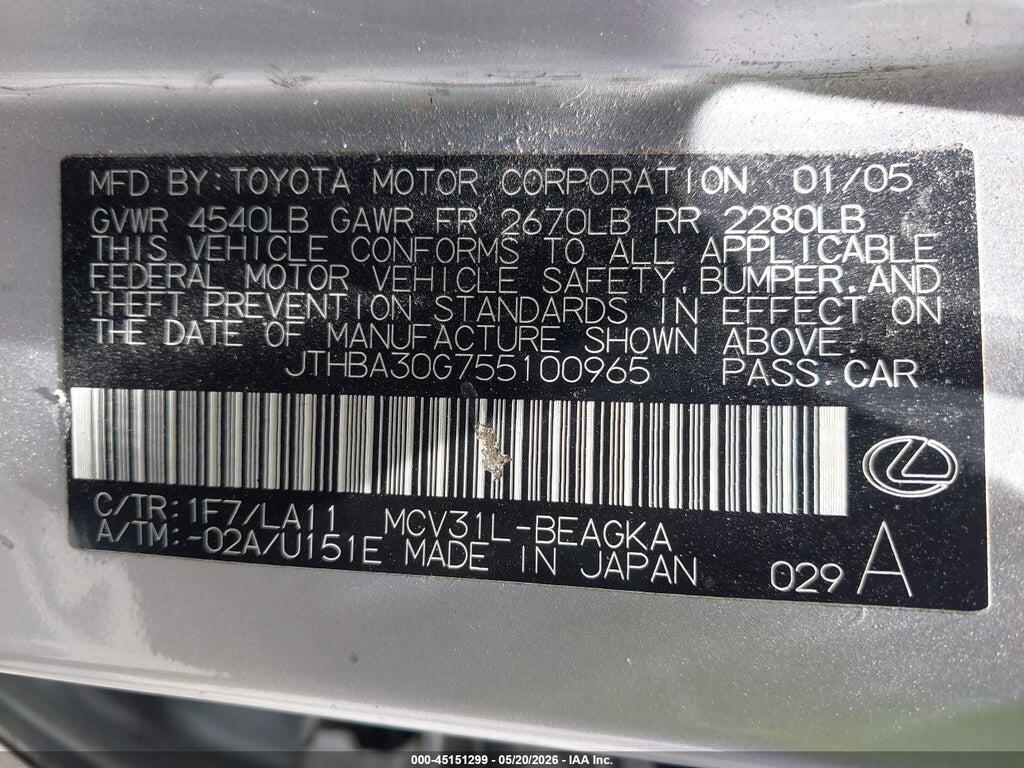 JTHBA30G755100965 2005 LEXUS ES 330 photo no. 9