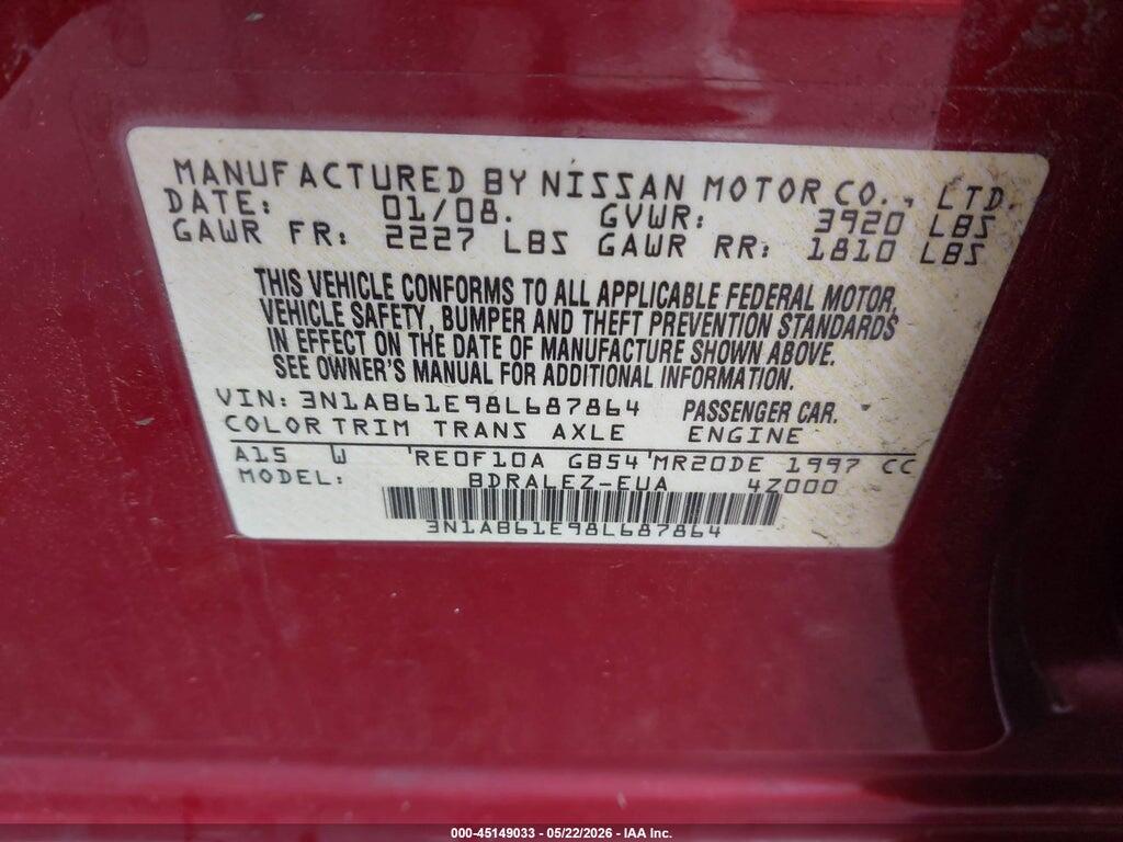 3N1AB61E98L687864 2008 NISSAN SENTRA photo no. 9