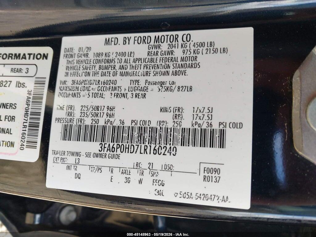 3FA6P0HD7LR160240 2020 FORD FUSION photo no. 9