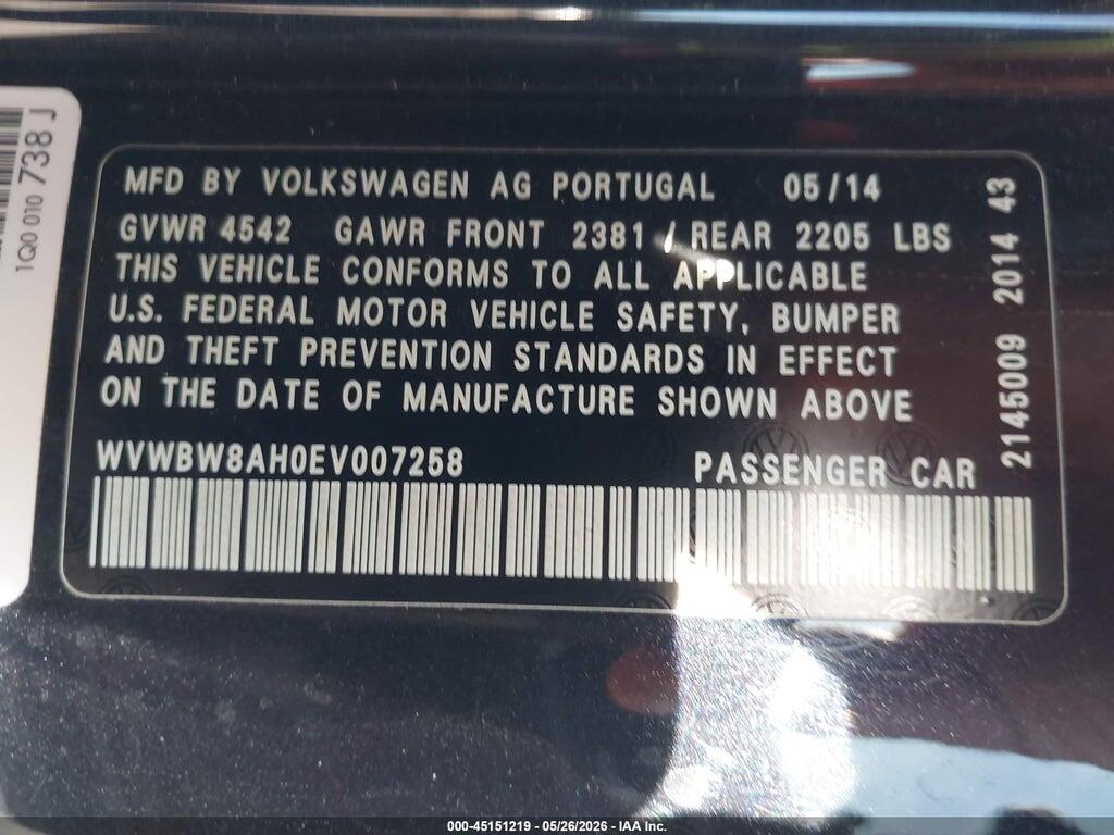 WVWBW8AH0EV007258 2014 VOLKSWAGEN EOS photo no. 9