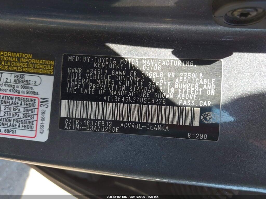 4T1BE46K37U508276 2007 TOYOTA CAMRY photo no. 9