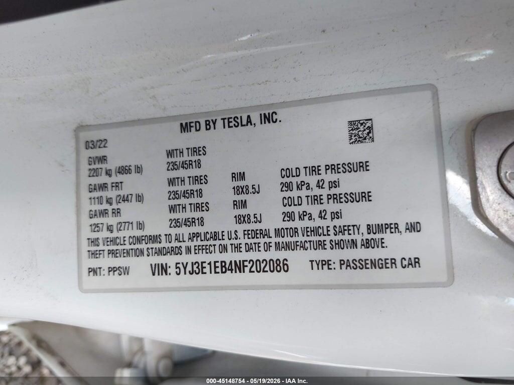 5YJ3E1EB4NF202086 2022 TESLA MODEL 3 photo no. 9