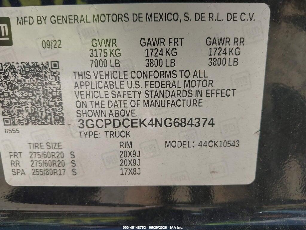 3GCPDCEK4NG684374 2022 CHEVROLET SILVERADO 1500 photo no. 9