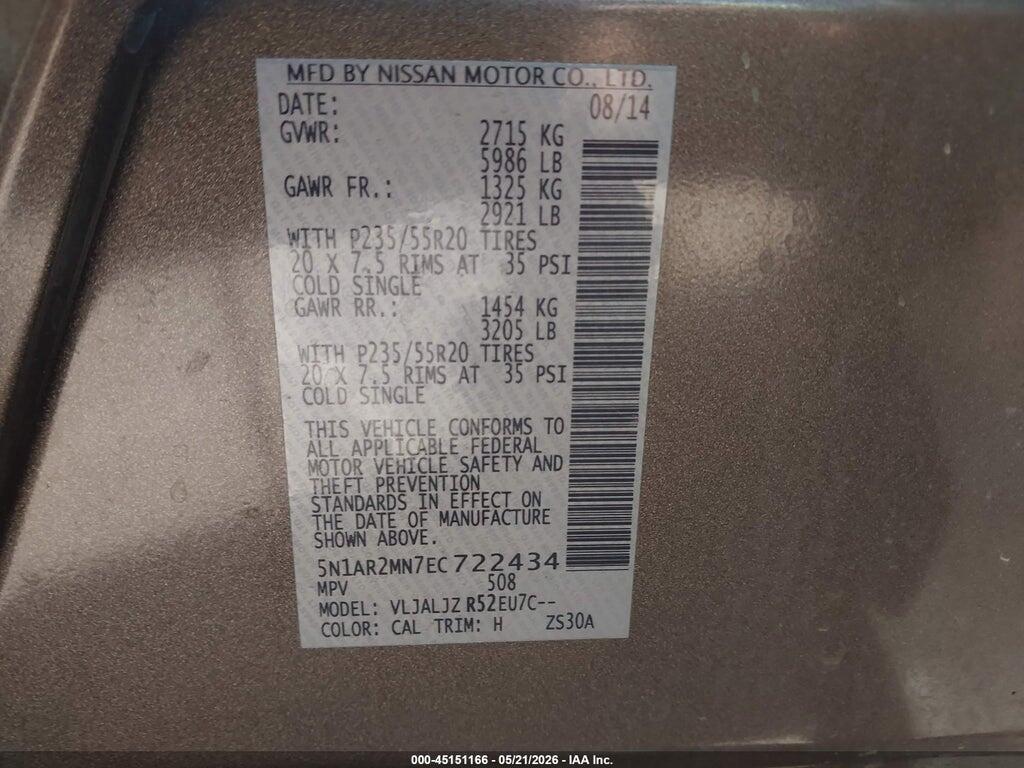 5N1AR2MN7EC722434 2014 NISSAN PATHFINDER photo no. 9