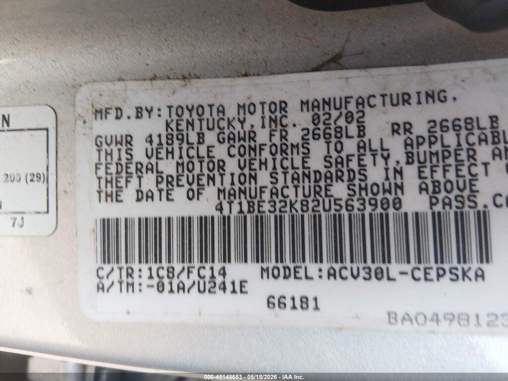 4T1BE32K82U563900 2002 TOYOTA CAMRY photo no. 9