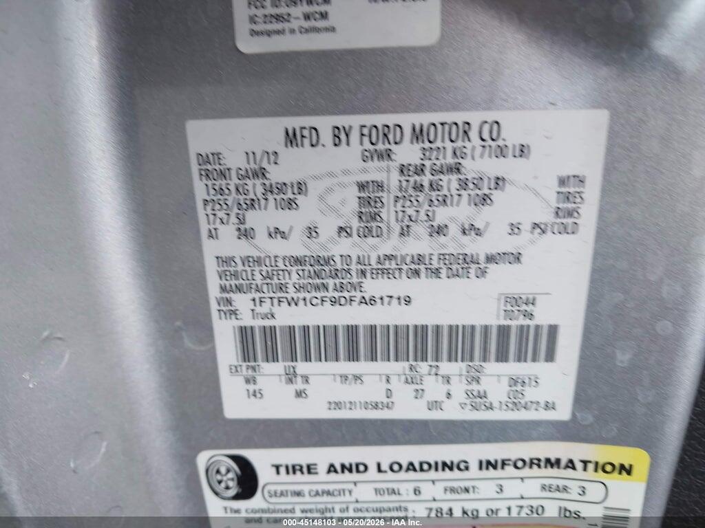1FTFW1CF9DFA61719 2013 FORD F-150 photo no. 9