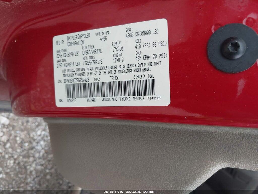 3D7KS28C76G257423 2006 DODGE RAM 2500 photo no. 9