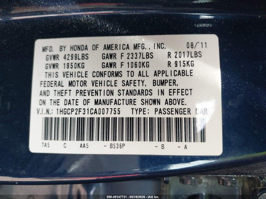 1HGCP2F31CA007755 2012 HONDA ACCORD photo no. 9