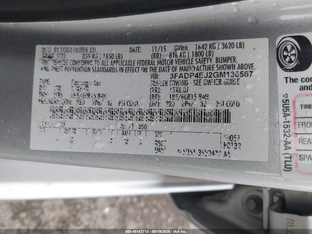 3FADP4EJ2GM136567 2016 FORD FIESTA photo no. 9