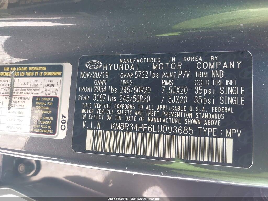 KM8R34HE6LU093685 2020 HYUNDAI PALISADE photo no. 9