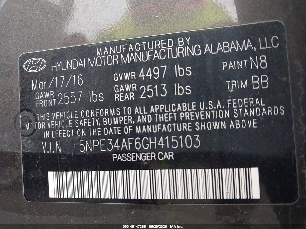 5NPE34AF6GH415103 2016 HYUNDAI SONATA photo no. 9