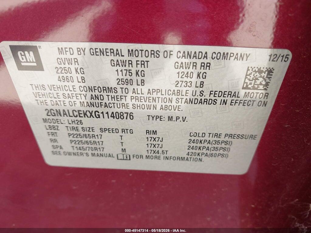 2GNALCEKXG1140876 2016 CHEVROLET EQUINOX photo no. 9