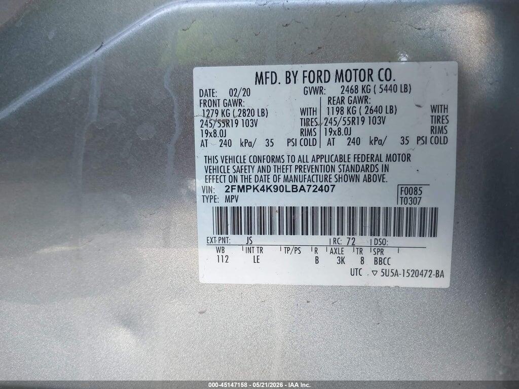 2FMPK4K90LBA72407 2020 FORD EDGE photo no. 9