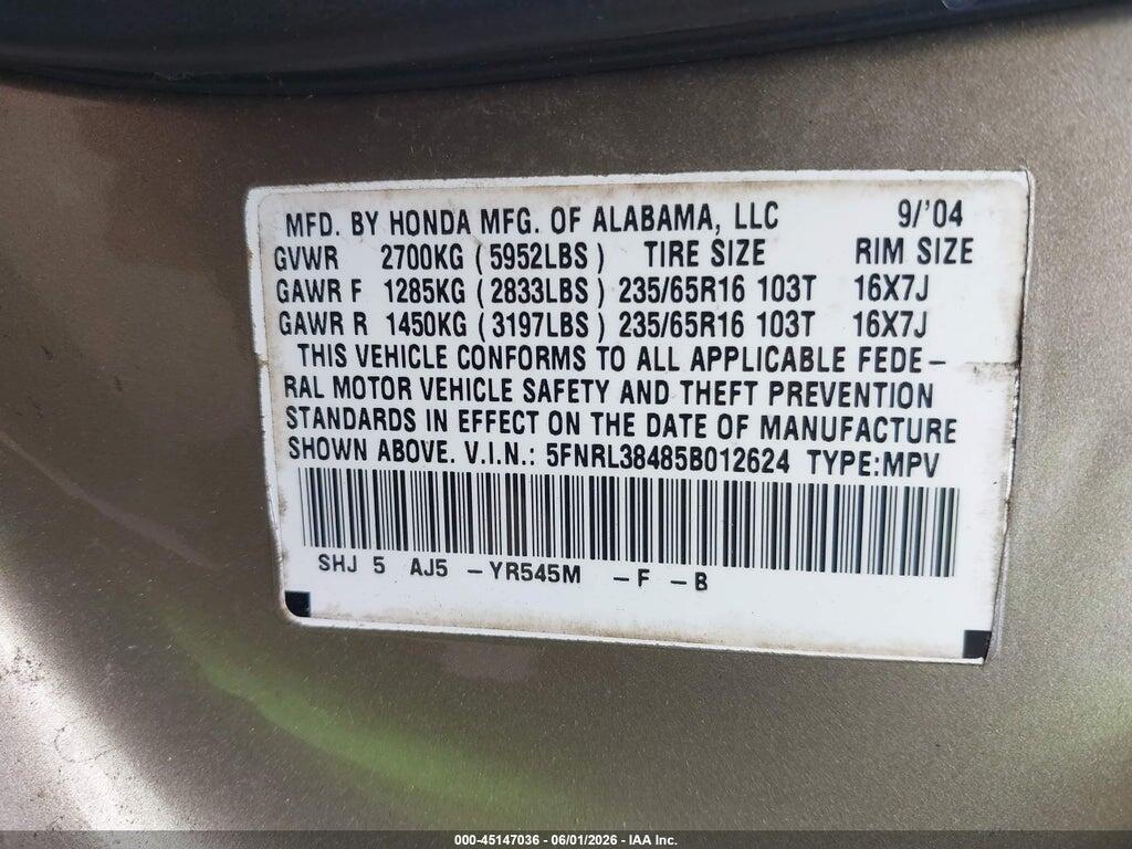5FNRL38485B012624 2005 HONDA ODYSSEY photo no. 9