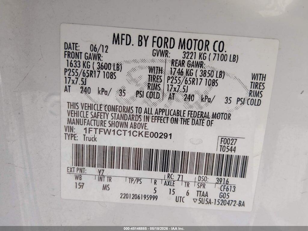1FTFW1CT1CKE00291 2012 FORD F-150 photo no. 9