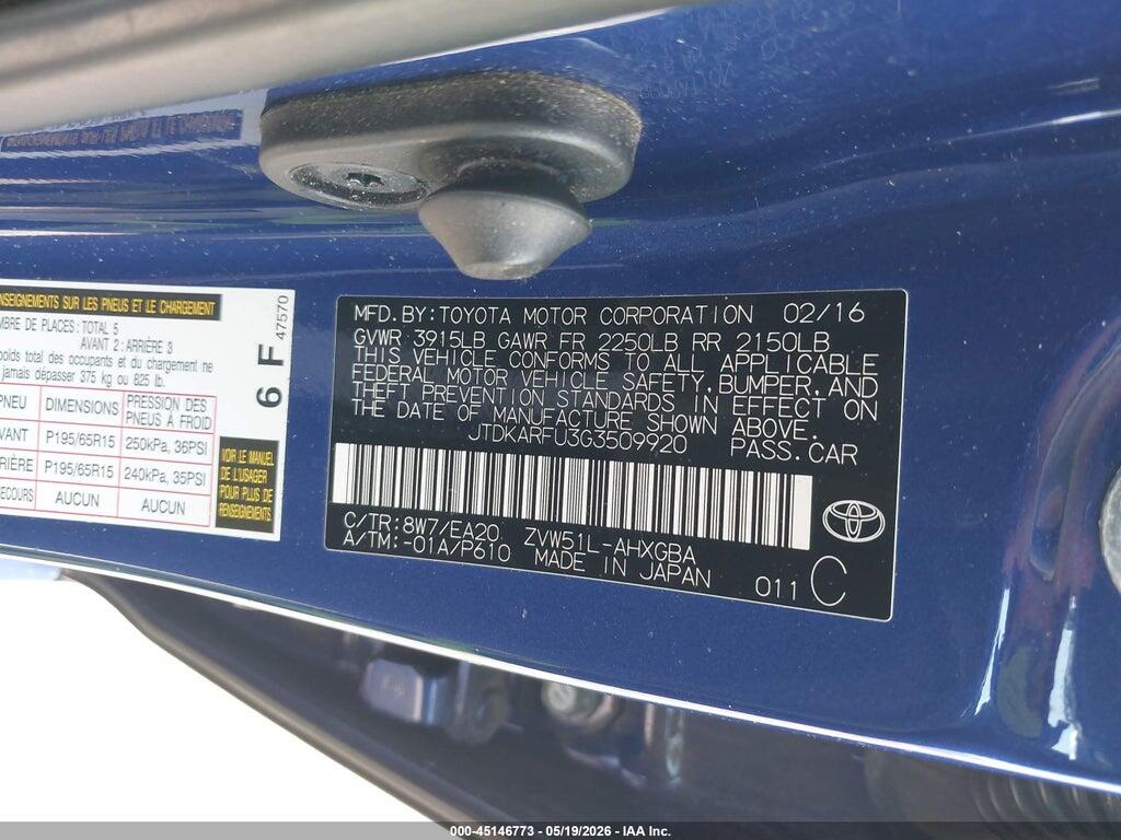 JTDKARFU3G3509920 2016 TOYOTA PRIUS photo no. 9
