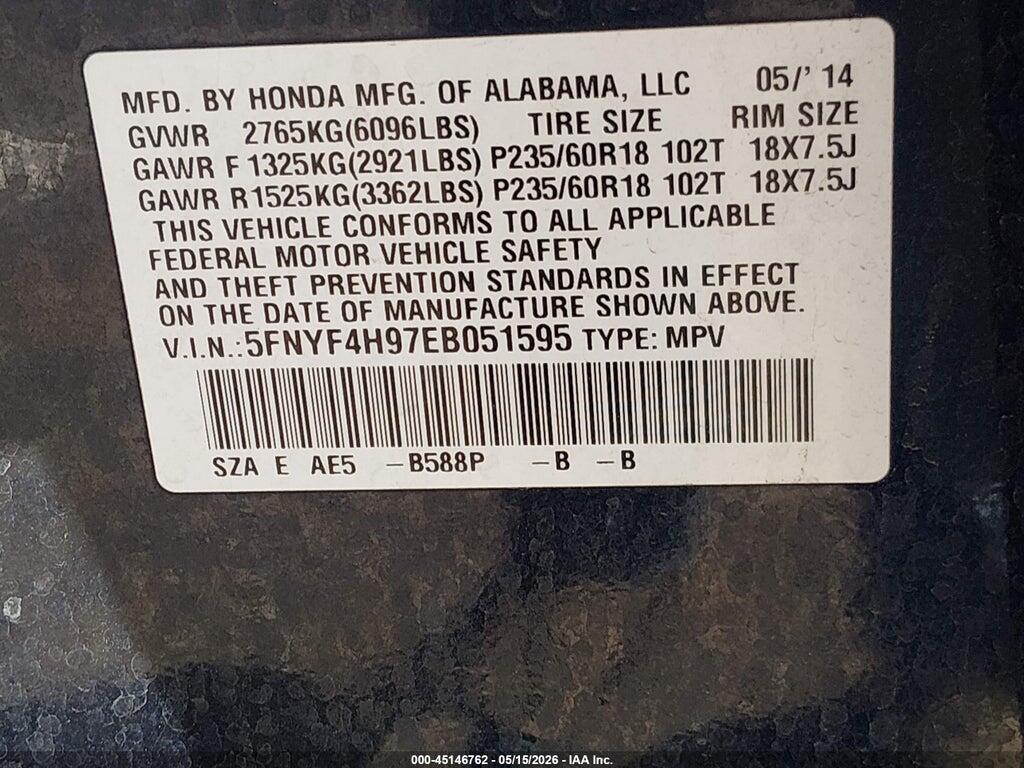 5FNYF4H97EB051595 2014 HONDA PILOT photo no. 9